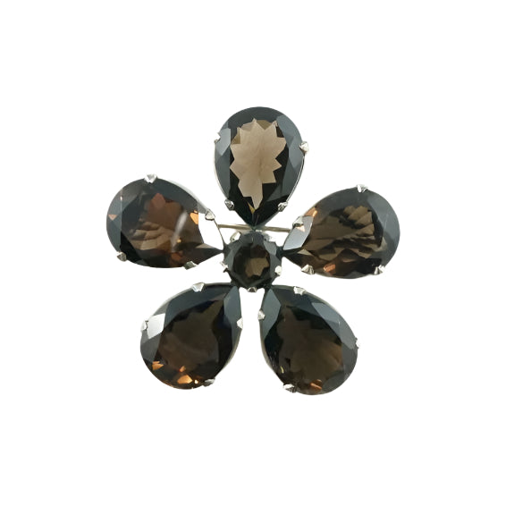 Silver "Flower" Brooch - Smoky Quartz