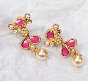"Diana" Pink/Magenta & Gold Pearl Earrings