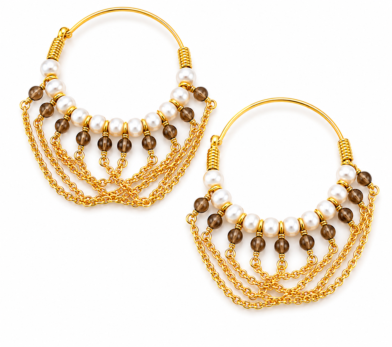 "Swing" Pearls & Smoky Quartz Hoop Earrings