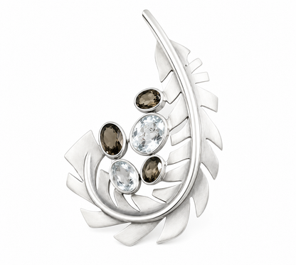Silver "Leaf" Brooch & Pendant Combo - Smoky & Colourless Quartz