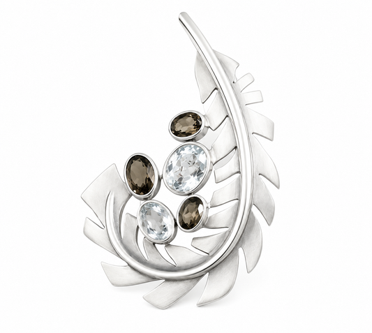 Silver "Leaf" Brooch & Pendant Combo - Smoky & Colourless Quartz
