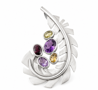 Silver "Leaf" Brooch & Pendant Combo - Multi stone