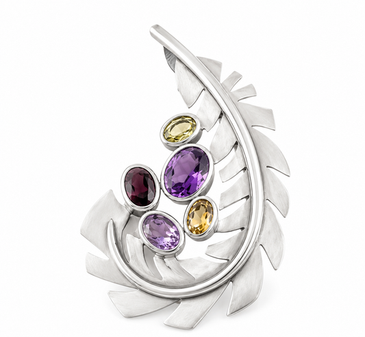 Silver "Leaf" Brooch & Pendant Combo - Multi stone