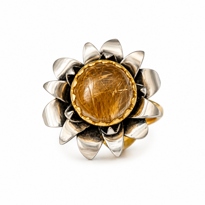 "Lotus" Cocktail Ring - Rutilated Quartz