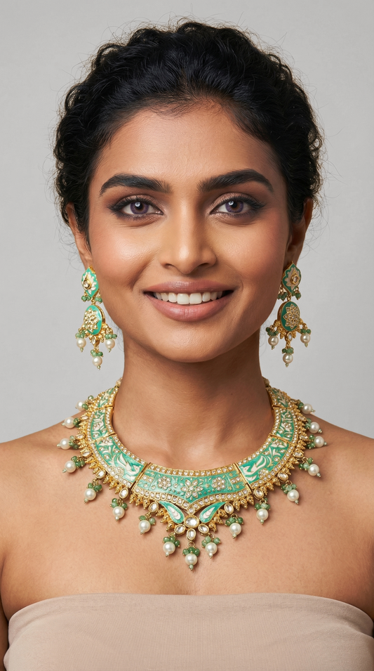 Woman wearing a green and gold necklace and earrings on a gray background
