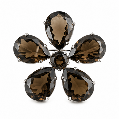 Silver "Flower" Brooch - Smoky Quartz