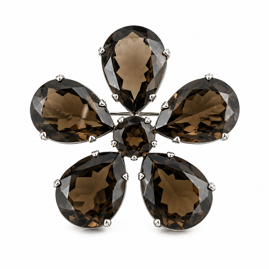 Silver "Flower" Brooch - Smoky Quartz