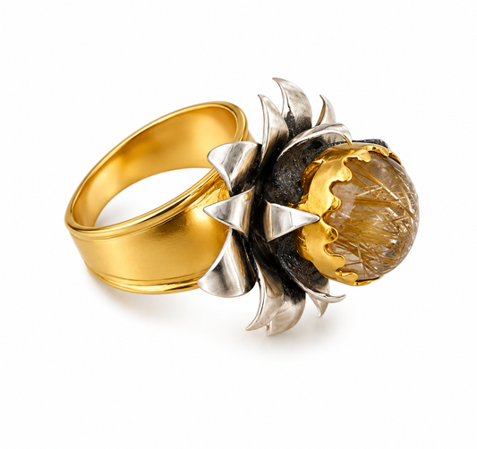"Lotus" Cocktail Ring - Rutilated Quartz