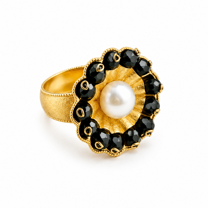 Round "Flower" Ring -  Black Onyx