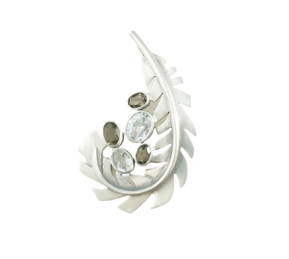 Silver "Leaf" Brooch & Pendant Combo - Smoky & Colourless Quartz