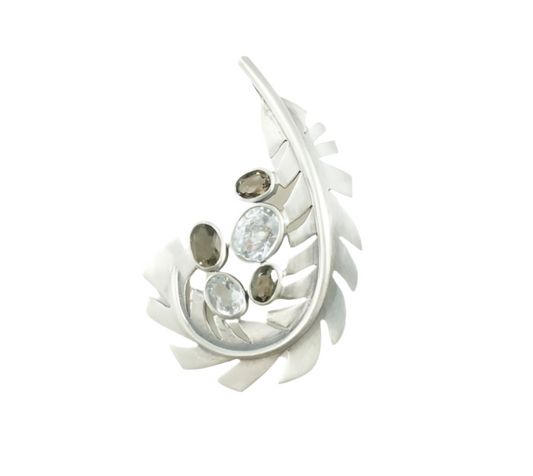 Silver "Leaf" Brooch & Pendant Combo - Smoky & Colourless Quartz
