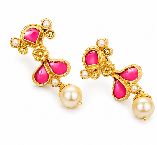 "Diana" Pink/Magenta & Gold Pearl Earrings