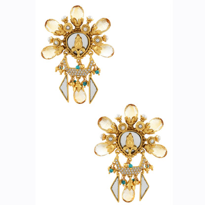 A pair of gold-plated sterling silver earrings with mirrored sunflower designs and embellished with glass, turquoise, pearls, and citrine stones.